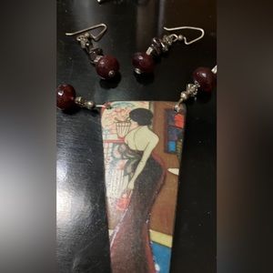 Art Deco hand painted woman matching earrings